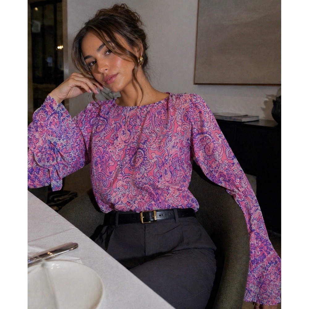 Jones New York Signature Pink Paisley Ruffle Sleeve Blouse Top XL‎ NEW